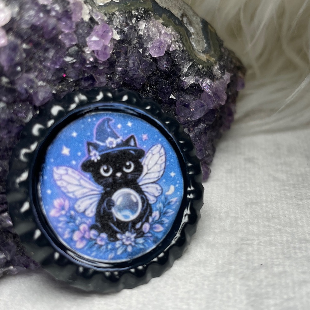 2/$18 Black Cat Fairy Bottle Cap Pin Or Broach with Blue Background - Picture 5 of 5
